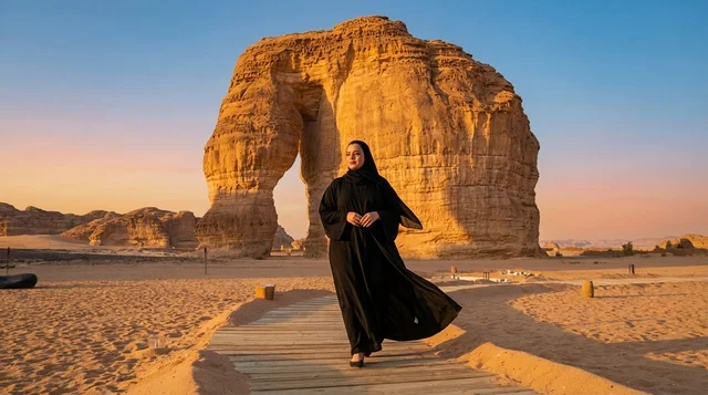 Saudi Woman at Elephant Rock Al-Ula During Sunset Saudi Woman at Elephant Rock Al-Ula During Sunset