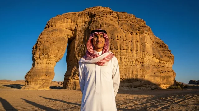 شاب سعودي أمام جبل الفيل في العلا وقت الغروب