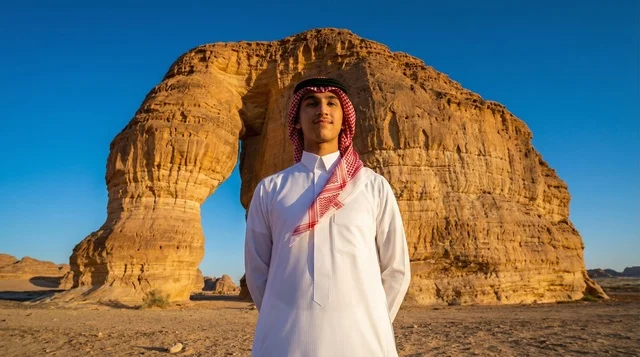 رجل سعودي عند جبل الفيل في العلا