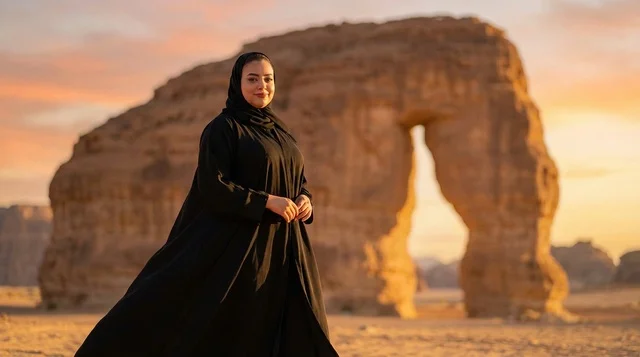 امرأة سعودية عند جبل الفيل في العلا وقت الغروب