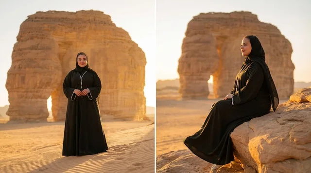 امرأة سعودية عند جبل الفيل في العلا وقت الغروب