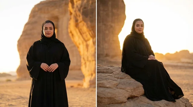 امرأة سعودية بالعباءة في صحراء العلا وقت الغروب