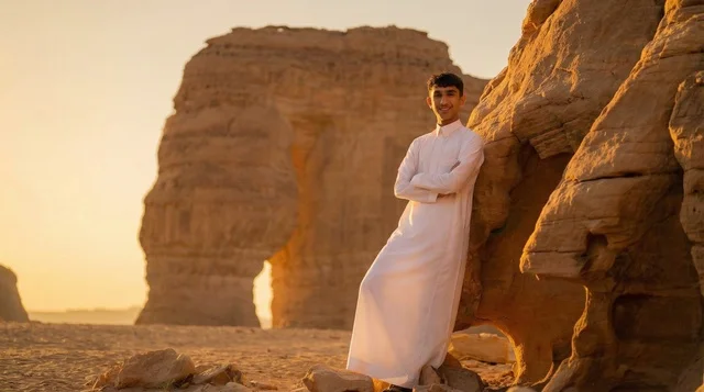 رجل سعودي بالثوب التقليدي في الصحراء وقت الغروب