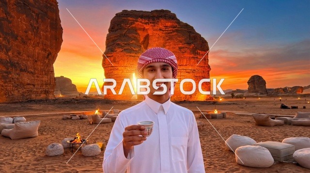 رجل سعودي بزي تقليدي في جبل الفيل بالعلا