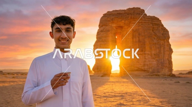 رجل سعودي عند صخرة الفيل في العلا وقت الغروب