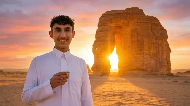Saudi Man at AlUla Elephant Rock Sunset Saudi Man at AlUla Elephant Rock Sunset
