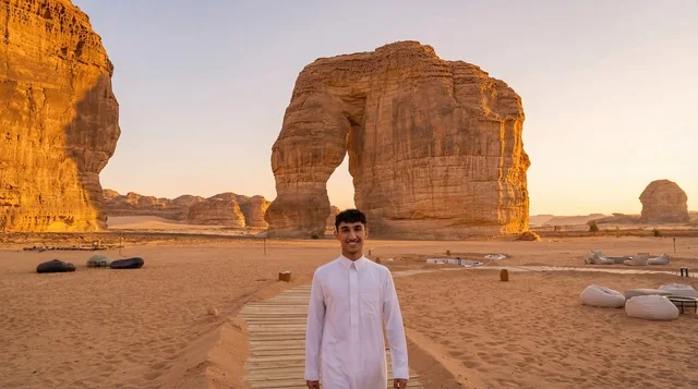رجل سعودي عند صخرة الفيل في العلا وقت الغروب