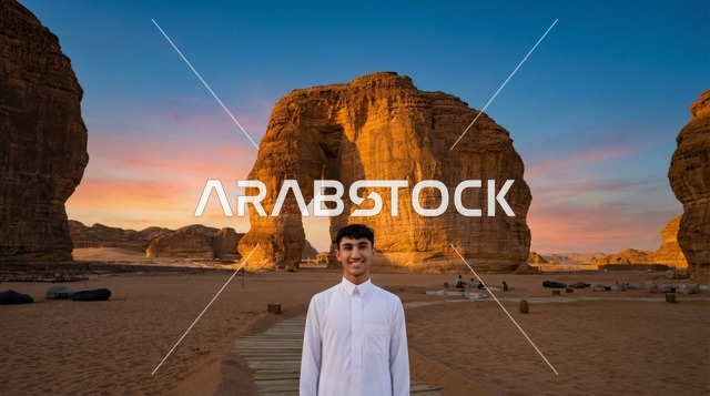 رجل سعودي عند صخرة الفيل في العلا وقت الغروب