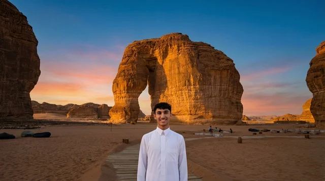 Saudi Man at Elephant Rock AlUla during Sunset