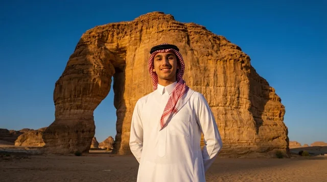 Saudi Man at Elephant Rock AlUla at Sunset Saudi Man at Elephant Rock AlUla at Sunset