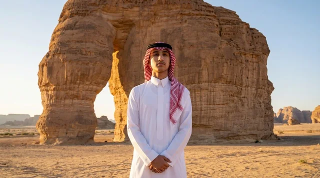 شاب سعودي في جبل الفيل بمدينة العلا