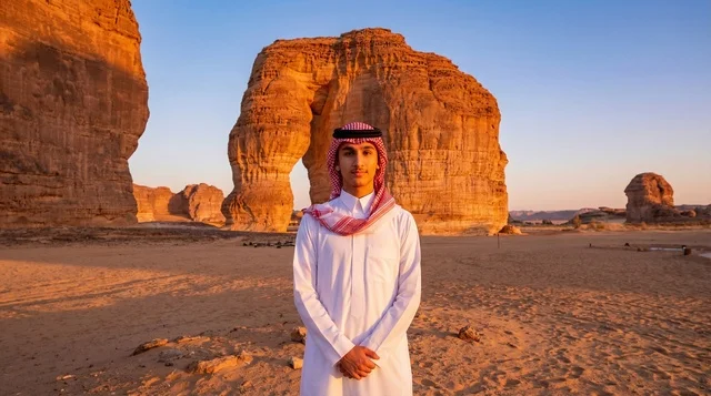 Saudi Man at Elephant Rock AlUla during Sunset