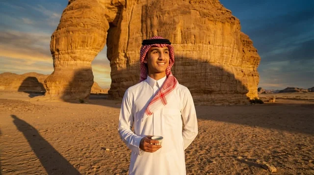 رجل سعودي عند جبل الفيل في العلا وقت الغروب