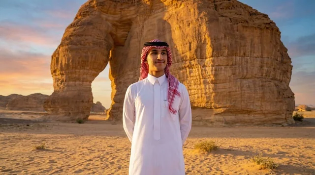 شاب سعودي أمام صخرة الفيل في العلا وقت الغروب