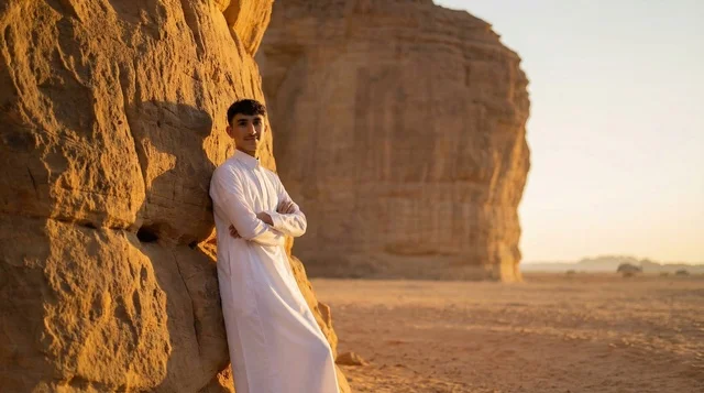 رجل سعودي بالثوب التقليدي في صحراء العلا