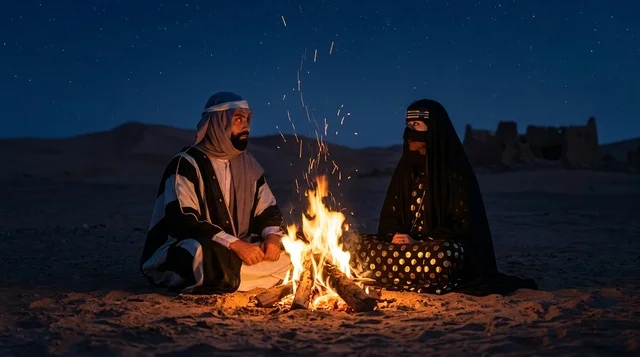 رجل وامرأة بالزي السعودي حول شبة نار في الصحراء