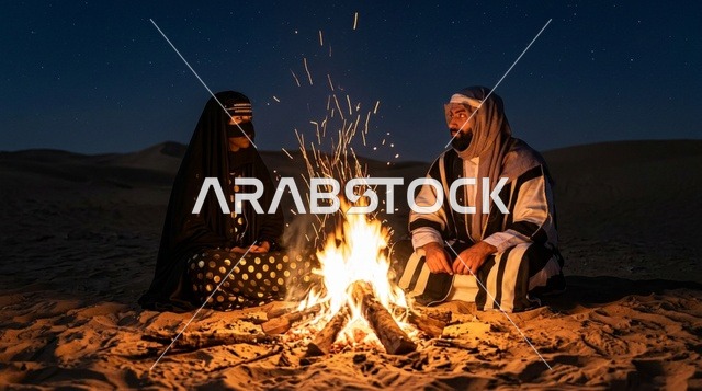 رجل وامرأة سعوديان حول شبة نار في الصحراء