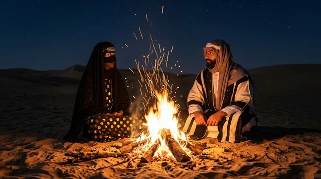 رجل وامرأة سعوديان حول شبة نار في الصحراء