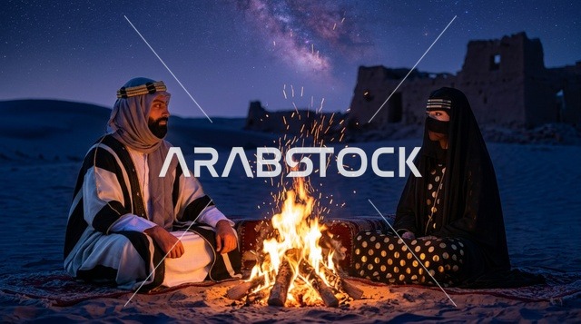رجل وامرأة سعوديان حول شبة نار في الصحراء