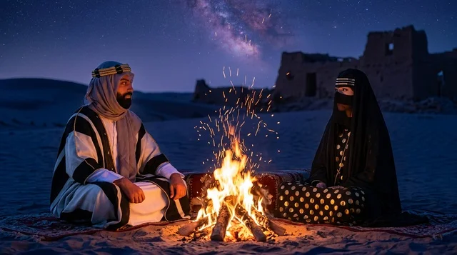 Saudi Couple by Campfire in Desert at Night