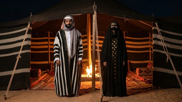 Saudi Bedouin Couple in Traditional Dress by Desert Tent