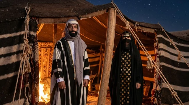 زوجين سعوديين بالزي التقليدي أمام بيت شعر ليلاً