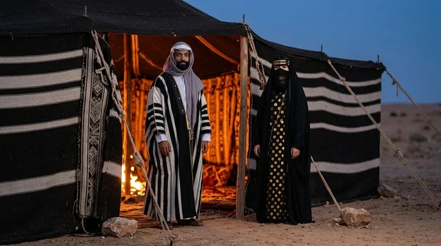 زوجين سعوديين أمام خيمة تراثية في الصحراء ليلاً