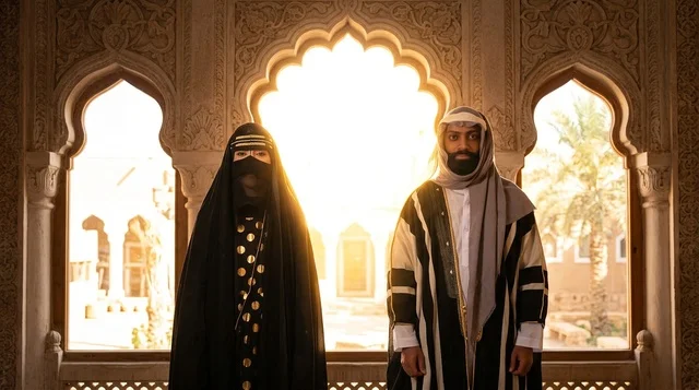 Saudi Couple in Traditional Heritage Clothing and Arch