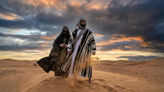 زوجين إماراتيين باللباس التقليدي في الصحراء عند الغروب