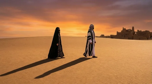 Saudi Couple in Traditional Dress Walking in Desert Sunset