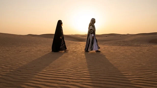 Saudi Couple in Traditional Dress Walking in Desert Sunset