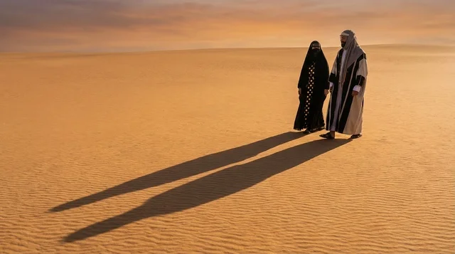 رجل وامرأة بزي إماراتي في الصحراء وقت الغروب