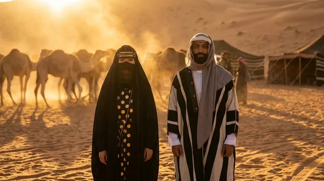 Emirati Couple in Desert Wearing Traditional Clothing