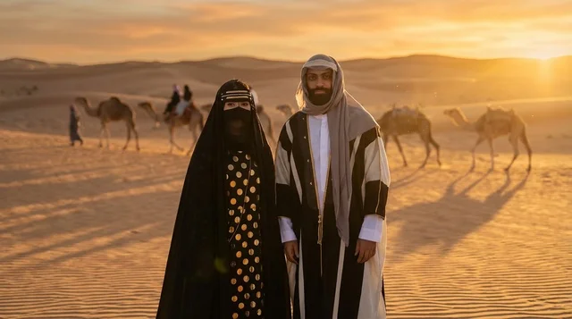 Saudi Couple in Traditional Attire at Desert Sunset
