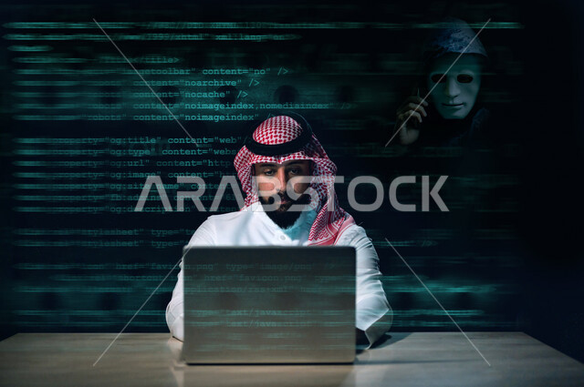رجل أعمال عربي خليجي سعودي يعمل في مجال الإختراق الأمني بخلفية مدموجة باللغات البرمجة بتقنية الهولوجرام ثلاثية الأبعاد ، الحماية من الهجمات الالكترونية ، الحفاظ على البيانات الشخصية و الدخول الآمن ، مفهوم آمن تكنولوجيا المعلومات