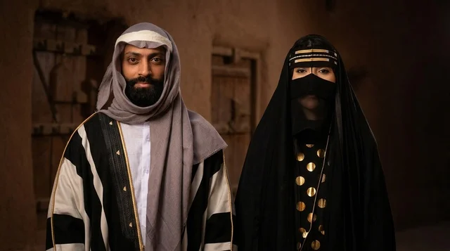 رجل وامرأة بملابس سعودية تراثية تقليدية