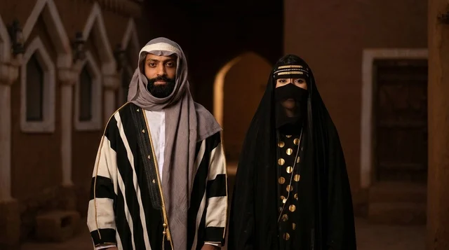 رجل وامرأة سعوديان بالزي الشعبي التقليدي في قرية تراثية