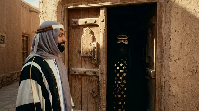 Saudi Man and Woman in Traditional Dress at Heritage Site