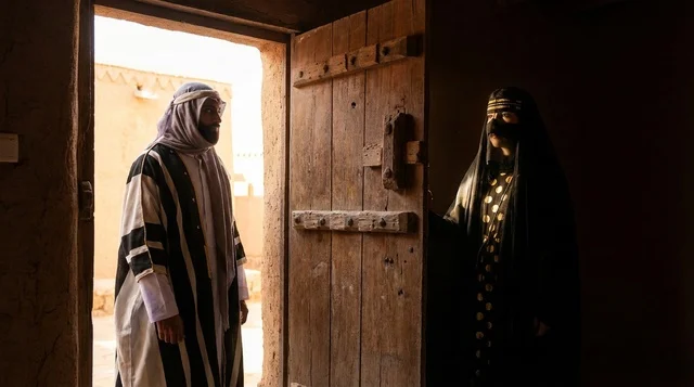 Traditional Saudi Couple at Heritage Mud House Doorway