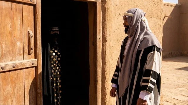 رجل وامرأة سعوديين بالزي التقليدي في بيت طيني
