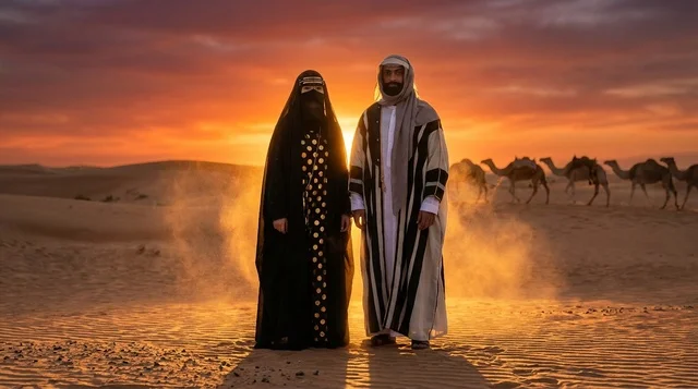 Emirati Couple in Traditional Dress at Desert Sunset