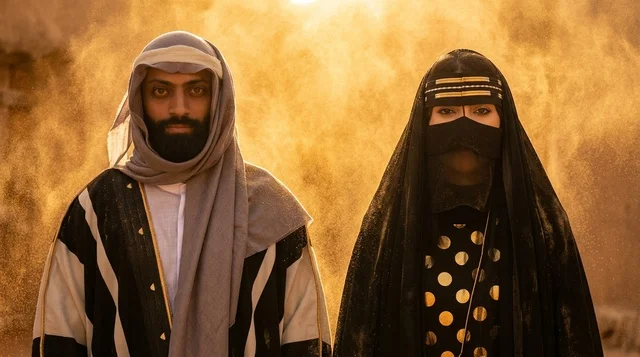 زوجان إماراتيان بالزي التقليدي في الصحراء وقت الغروب