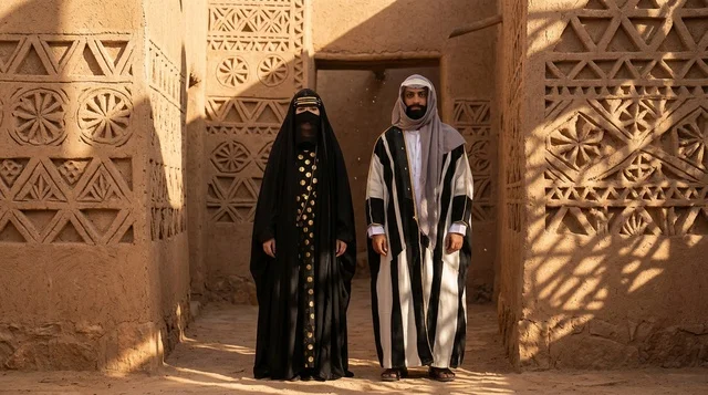 رجل وامرأة سعوديان باللباس التقليدي في قرية تراثية رجل وامرأة سعوديان باللباس التقليدي في قرية تراثية