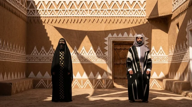 Saudi Couple in Traditional Najdi Mud Architecture