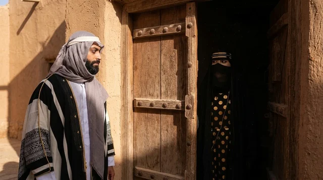 رجل وامرأة بزي سعودي تقليدي في موقع تراثي