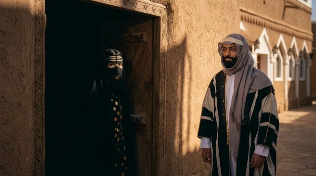 رجل وامرأة بزي سعودي تقليدي في قرية تراثية