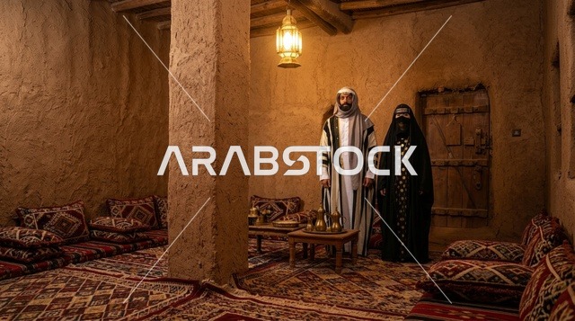 زوجان سعوديان في مجلس تراثي داخل بيت طين