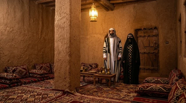 زوجان سعوديان في مجلس تراثي داخل بيت طين