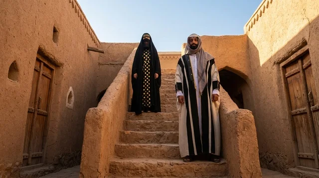Saudi Man and Woman in Traditional Mud Brick Village