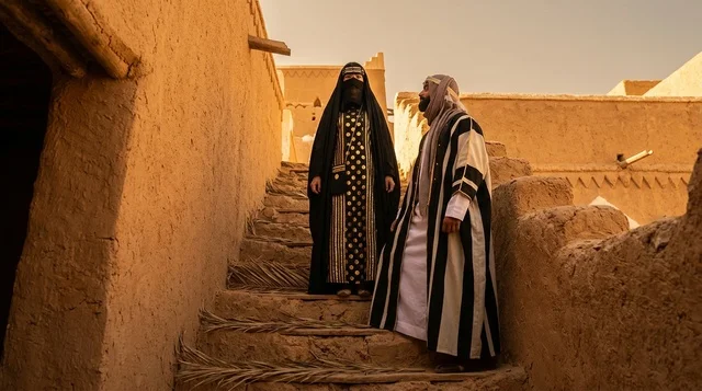 زوجان سعوديان بالزي التراثي في قرية تاريخية
